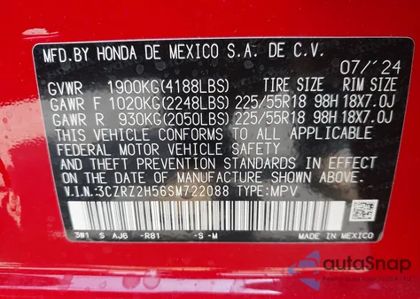 2025 Honda Hr-V Awd Sport из США, поврежденный, VIN 3CZRZ2H56SM722088